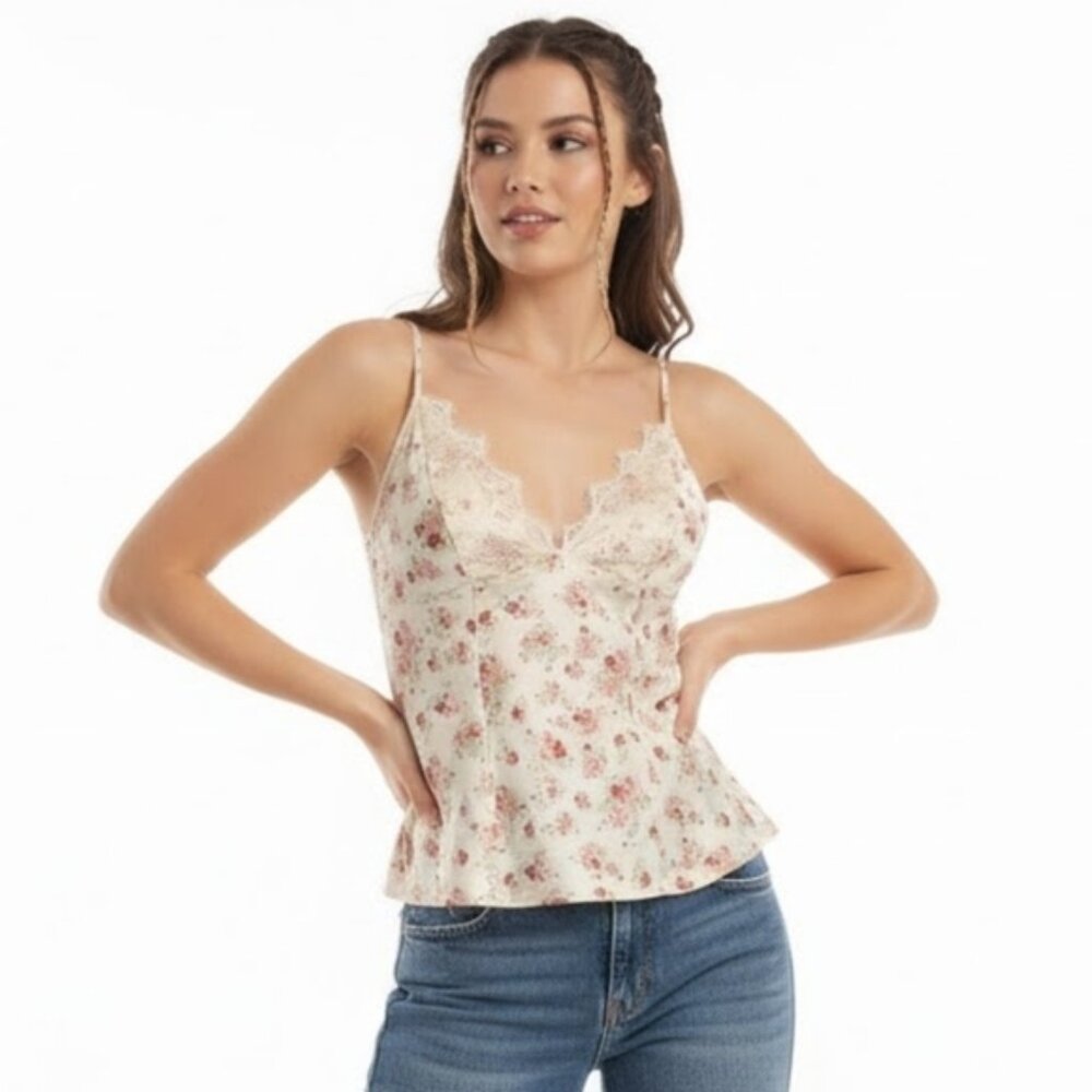 💠Vintage Y2K Guess Floral Satin Camisole Top Womens Size Small Cream Lace Trim
